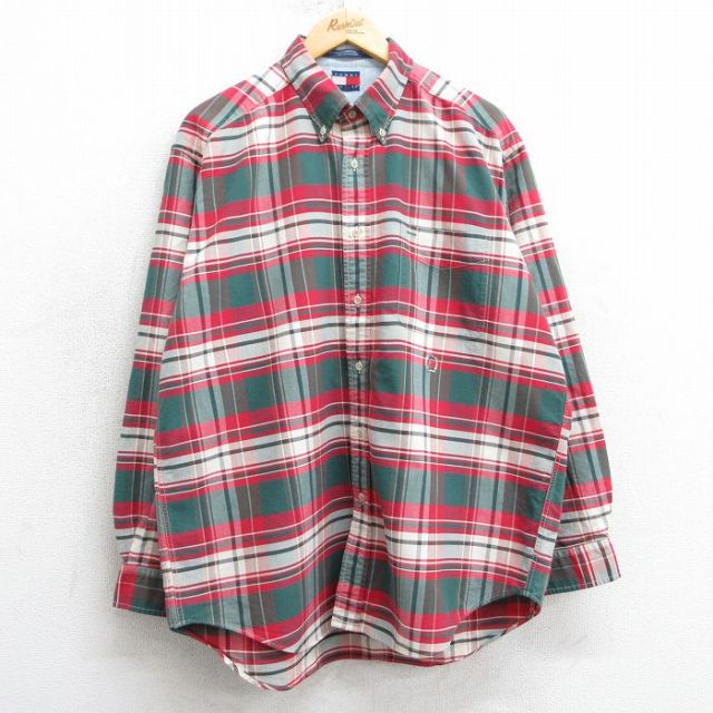 XL★古着 トミーヒルフィガー TOMMY HILFIGER 長袖 ブランド シャツ メンズ 90年代 90s ワンポイントロゴ コットン ボタンダウン 赤他 レッド チェック 25mar15 中古 トップス