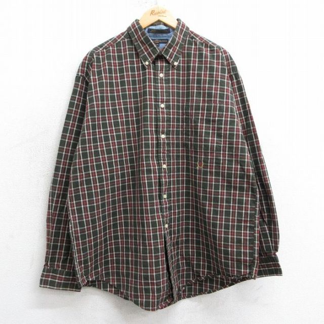 XL★古着 トミーヒルフィガー TOMMY HILFIGER 長袖 ブランド シャツ メンズ 90年代 90s ワンポイントロゴ コットン ボタンダウン 濃緑他 グリーン チェック 25mar15 中古 トップス