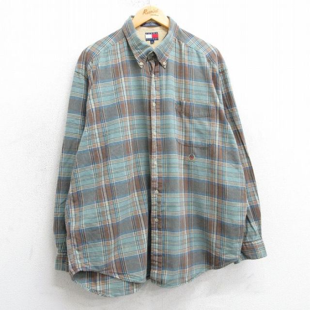 XL★古着 トミーヒルフィガー TOMMY HILFIGER 長袖 ブランド シャツ メンズ 90年代 90s 大きいサイズ コットン ボタンダウン 緑系他 グリーン チェック 25mar15 中古 トップス