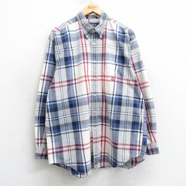 XL★古着 ノーティカ NAUTICA 長袖 ブランド シャツ メンズ 90年代 90s ワンポイントロゴ ロング丈 コットン ボタンダウン USA製 白他 ホワイト チェック 25mar15 中古 トップス