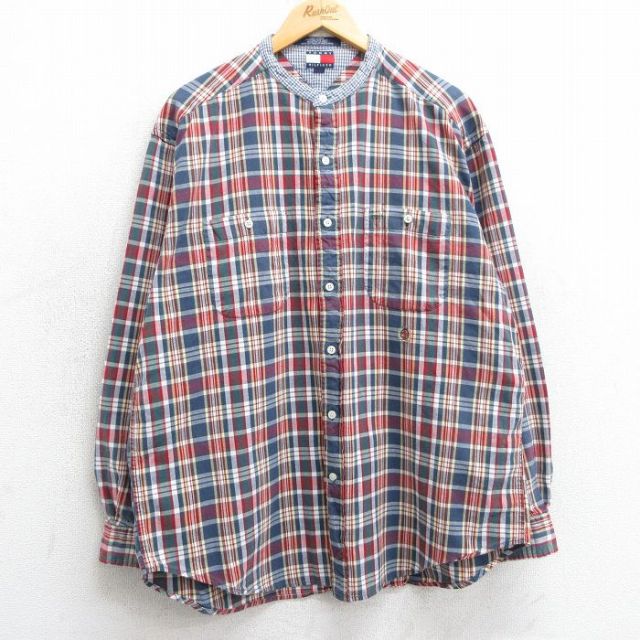 XL★古着 トミーヒルフィガー TOMMY HILFIGER 長袖 ブランド シャツ メンズ 90年代 90s ワンポイントロゴ コットン ノーカラー 紺他 ネイビー チェック 【spe】 25mar15 中古 トップス