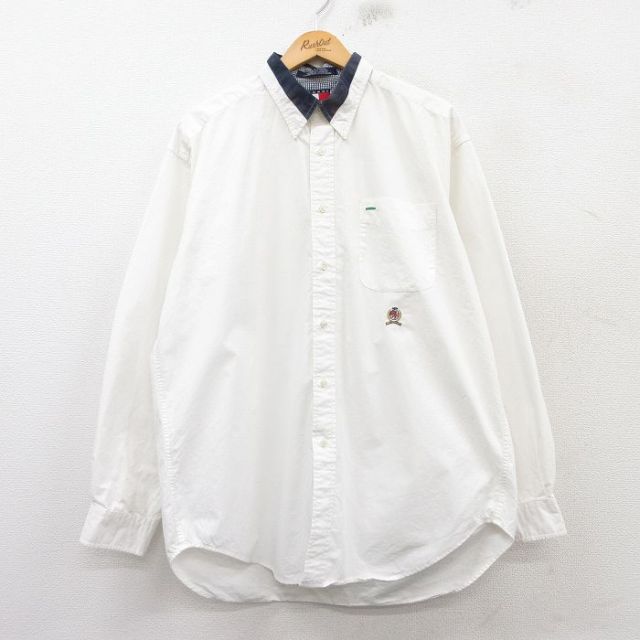XL★古着 トミーヒルフィガー TOMMY HILFIGER 長袖 ブランド シャツ メンズ 90年代 90s ワンポイントロゴ ロング丈 コットン ボタンダウン 白 ホワイト 25mar17 中古 トップス