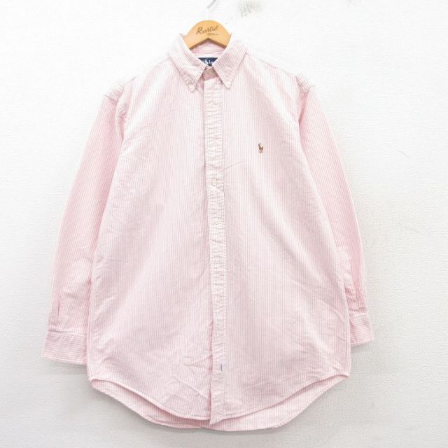 XL★古着 ラルフローレン Ralph Lauren 長袖 ブランド シャツ メンズ 90年代 90s ワンポイントロゴ YARMOUTH オックスフォード コットン ボタンダウン ピンク他 ストライプ 25mar17 中古 トップス