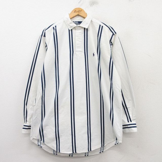 XL★古着 ラルフローレン Ralph Lauren 長袖 ブランド ラガー シャツ メンズ 90年代 90s ワンポイントロゴ 大きいサイズ ロング丈 コットン 白他 ホワイト ストライプ 25mar17 中古 トップス