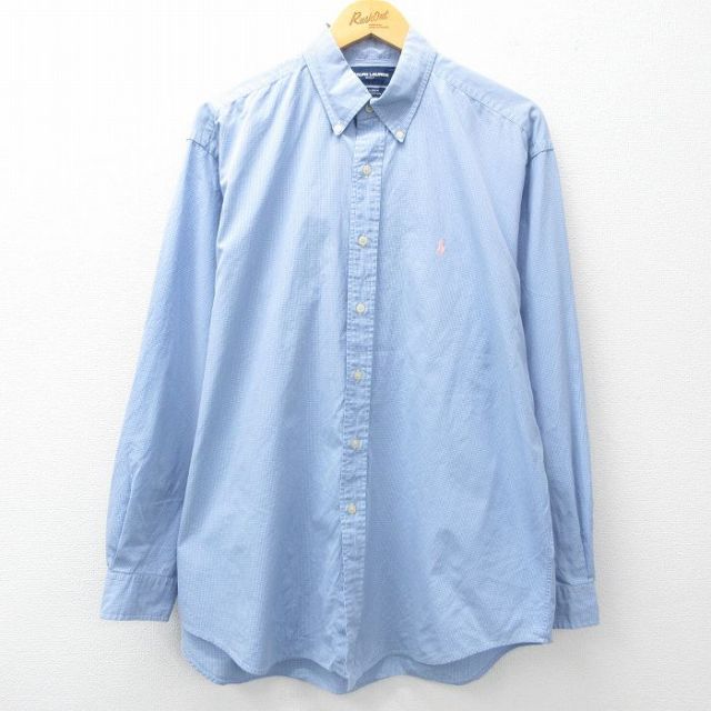 【50%OFF】XL★古着 ラルフローレン Ralph Lauren ゴルフ 長袖 ブランド シャツ メンズ 90年代 90s ワンポイントロゴ TILDEN 大きいサイズ ロング丈 コットン ボタンダウン 薄紺他 ネイビー チェック 25mar17 中古 トップス