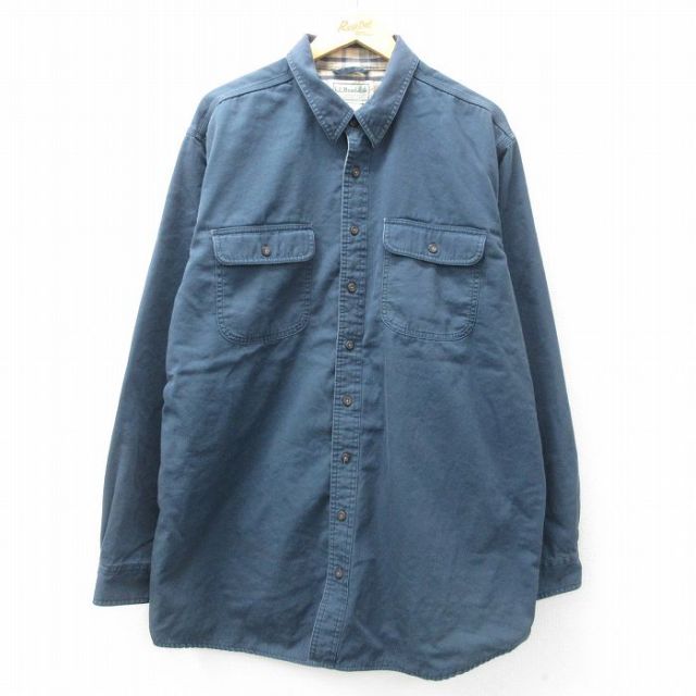 【20%OFF】XL★古着 エルエルビーン LLBEAN 長袖 ブランド シャツ メンズ 00年代 00s 大きいサイズ ロング丈 コットン 紺 ネイビー 内側フランネル 25mar17 中古 トップス
