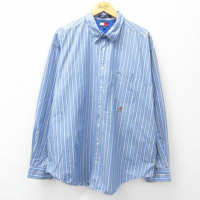 XL★古着 トミーヒルフィガー TOMMY HILFIGER 長袖 ブランド シャツ メンズ 90年代 90s 紺他 ネイビー ストライプ 25mar17 中古 トップス