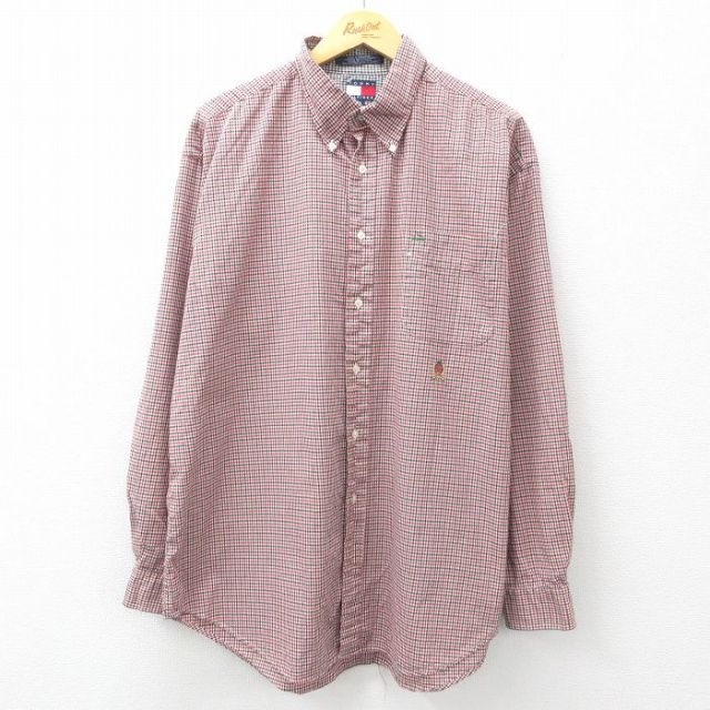 【50%OFF】XL★古着 トミーヒルフィガー TOMMY HILFIGER 長袖 ブランド シャツ メンズ 90年代 90s ワンポイントロゴ 大きいサイズ コットン ボタンダウン 赤他 レッド チェック 25mar18 中古 トップス