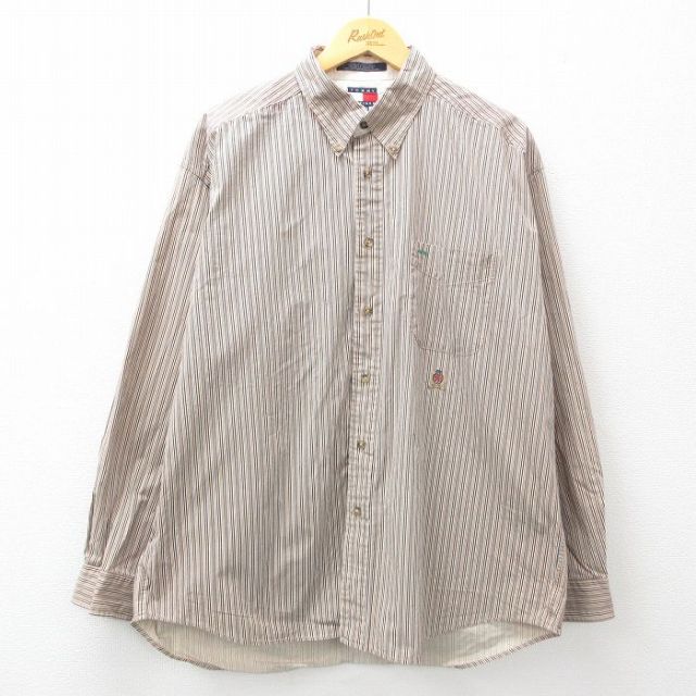 【50%OFF】XL★古着 トミーヒルフィガー TOMMY HILFIGER 長袖 ブランド シャツ メンズ 90年代 90s ワンポイントロゴ 大きいサイズ コットン ボタンダウン ベージュ他 カーキ ストライプ 25mar18 中古 トップス