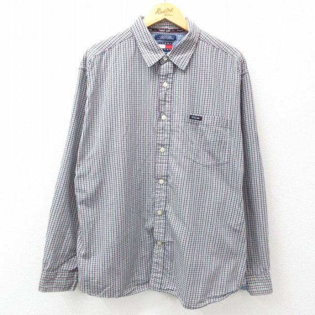 XL★古着 トミーヒルフィガー TOMMY HILFIGER 長袖 ブランド シャツ メンズ 90年代 90s ワンポイントロゴ 大きいサイズ コットン 紺他 ネイビー チェック 25mar18 中古 トップス