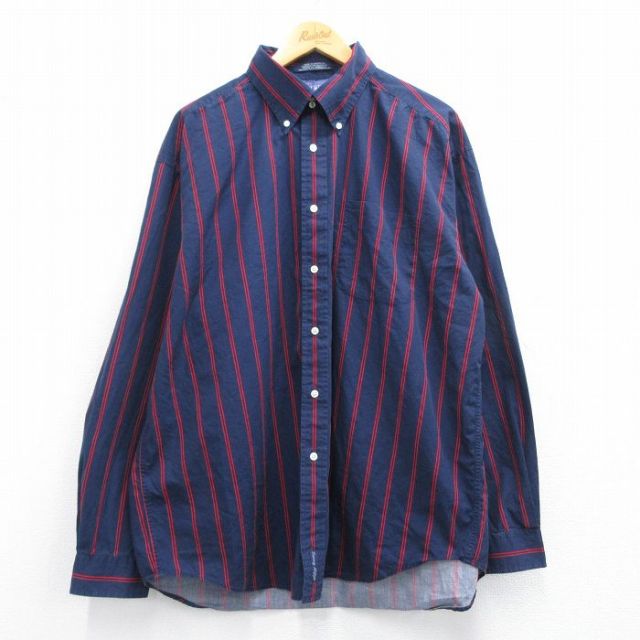 XL★古着 トミーヒルフィガー TOMMY HILFIGER 長袖 ブランド シャツ メンズ 大きいサイズ ロング丈 コットン ボタンダウン 紺他 ネイビー ストライプ 25mar19 中古 トップス