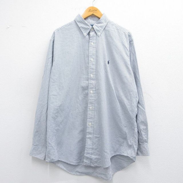 XL★古着 ラルフローレン Ralph Lauren 長袖 ブランド シャツ メンズ 90年代 90s YARMOUTH ワンポイントロゴ 大きいサイズ ロング丈 コットン ボタンダウン 白他 ホワイト チェック 25mar19 中古 トップス