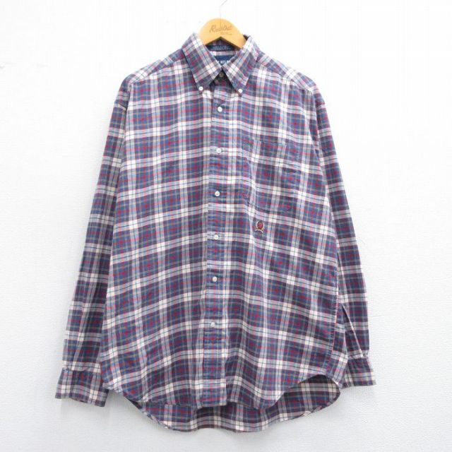 【50%OFF】XL★古着 トミーヒルフィガー TOMMY HILFIGER 長袖 ブランド シャツ メンズ ワンポイントロゴ ロング丈 コットン ボタンダウン 紺他 ネイビー チェック 25mar19 中古 トップス