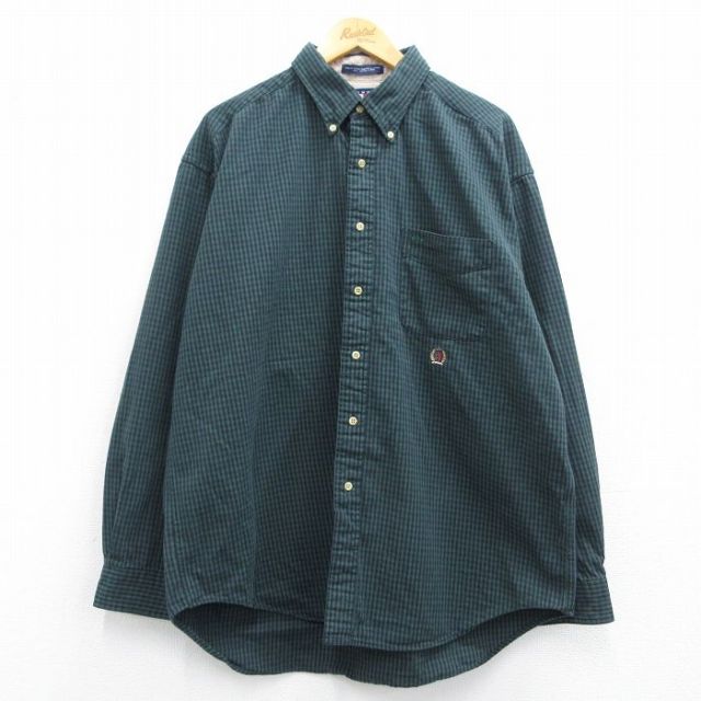XL★古着 トミーヒルフィガー TOMMY HILFIGER 長袖 ブランド シャツ メンズ 90年代 90s ワンポイントロゴ 大きいサイズ コットン ボタンダウン 緑他 グリーン チェック 25mar19 中古 トップス