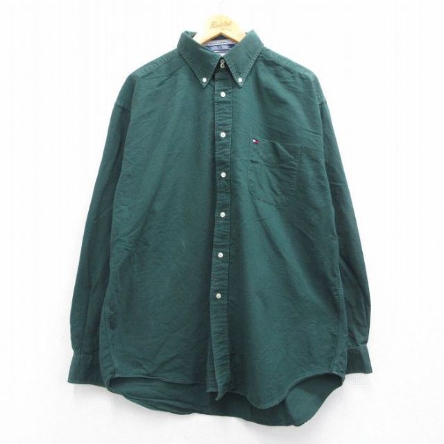 XL★古着 トミーヒルフィガー TOMMY HILFIGER 長袖 ブランド シャツ メンズ 90年代 90s ワンポイントロゴ 大きいサイズ コットン ボタンダウン 緑 グリーン 25mar19 中古 トップス
