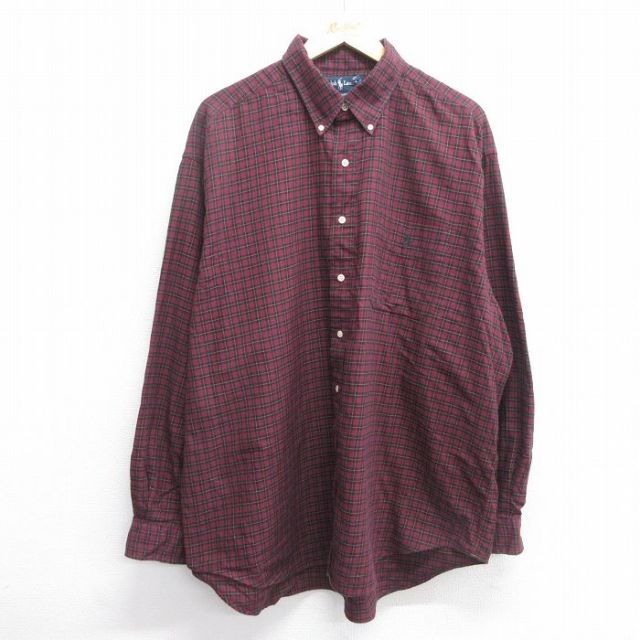 XL★古着 ラルフローレン Ralph Lauren 長袖 ブランド シャツ メンズ 90年代 90s BIG SHIRT ワンポイントロゴ 大きいサイズ ロング丈 コットン ボタンダウン エンジ他 チェック 【spe】 25mar19 中古 トップス