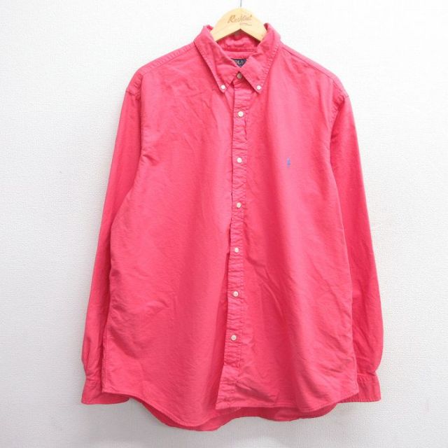 XL★古着 ラルフローレン Ralph Lauren 長袖 ブランド シャツ メンズ ワンポイントロゴ 大きいサイズ ロング丈 コットン ボタンダウン ピンク系 25mar19 中古 トップス