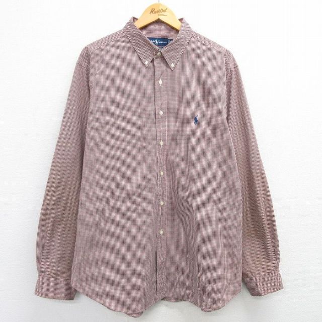 XL★古着 ラルフローレン Ralph Lauren 長袖 ブランド シャツ メンズ 90年代 90s ワンポイントロゴ 大きいサイズ ロング丈 コットン ボタンダウン 赤他 レッド チェック 25mar19 中古 トップス
