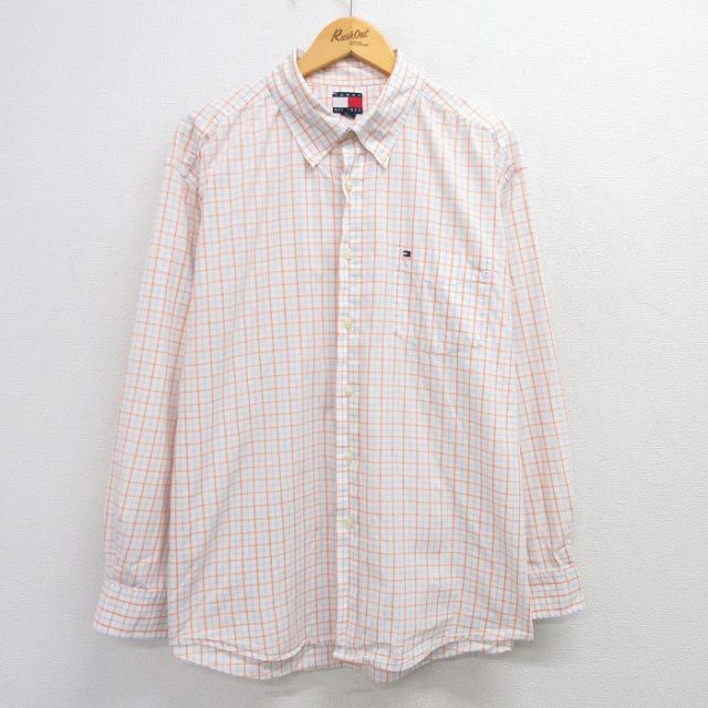 XL★古着 トミーヒルフィガー TOMMY HILFIGER 長袖 ブランド シャツ メンズ 90年代 90s ワンポイントロゴ コットン ボタンダウン 白他 ホワイト チェック 25mar19 中古 トップス