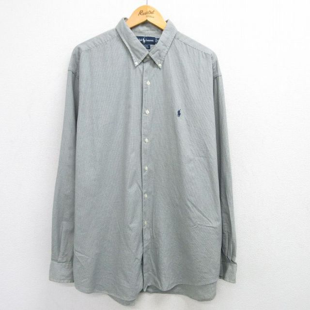 XL★古着 ラルフローレン Ralph Lauren 長袖 ブランド シャツ メンズ 90年代 90s MARLOWE ワンポイントロゴ 大きいサイズ ロング丈 コットン ボタンダウン 緑他 グリーン 25mar19 中古 トップス