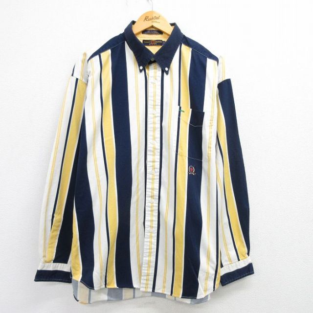 XL★古着 トミーヒルフィガー TOMMY HILFIGER 長袖 ブランド シャツ メンズ ワンポイントロゴ 大きいサイズ コットン ボタンダウン 黄他 イエロー ストライプ 25mar19 中古 トップス