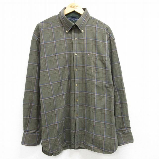 トミーヒルフィガー 長袖シャツ ワンポイントロゴ グリーンチェック XL | 古着