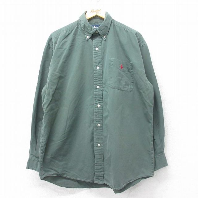 XL★古着 ラルフローレン Ralph Lauren 長袖 ブランド シャツ メンズ 90年代 90s BLAKE ワンポイントロゴ 大きいサイズ コットン ボタンダウン 緑 グリーン 25mar19 中古 トップス