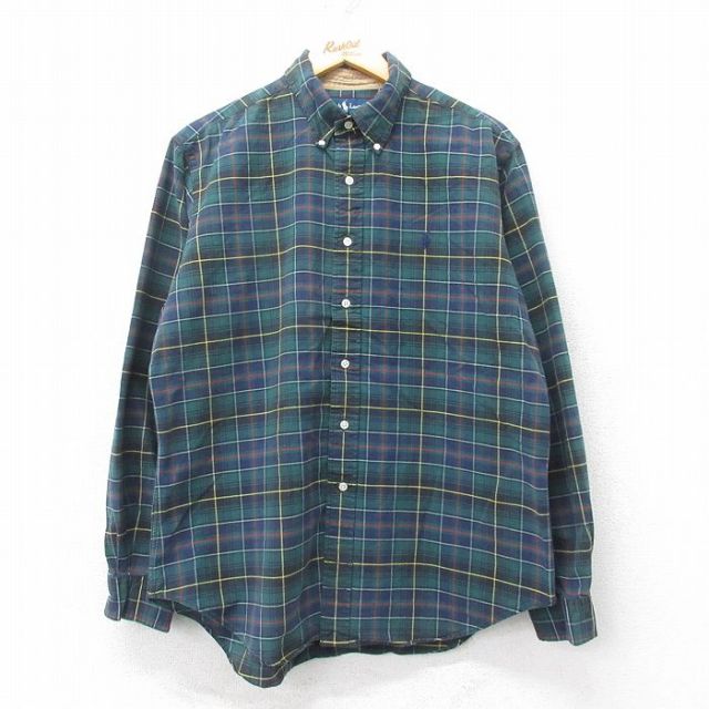 XL★古着 ラルフローレン Ralph Lauren 長袖 ブランド シャツ メンズ 90年代 90s ワンポイントロゴ 大きいサイズ コットン ボタンダウン 緑他 グリーン チェック 25mar19 中古 トップス