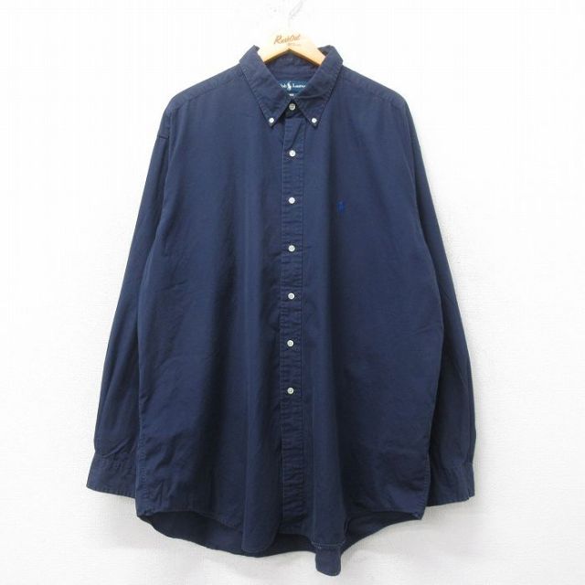 XL★古着 ラルフローレン Ralph Lauren 長袖 ブランド シャツ メンズ 90年代 90s BLAKE ワンポイントロゴ 大きいサイズ ロング丈 コットン ボタンダウン 紺 ネイビー 25mar19 中古 トップス