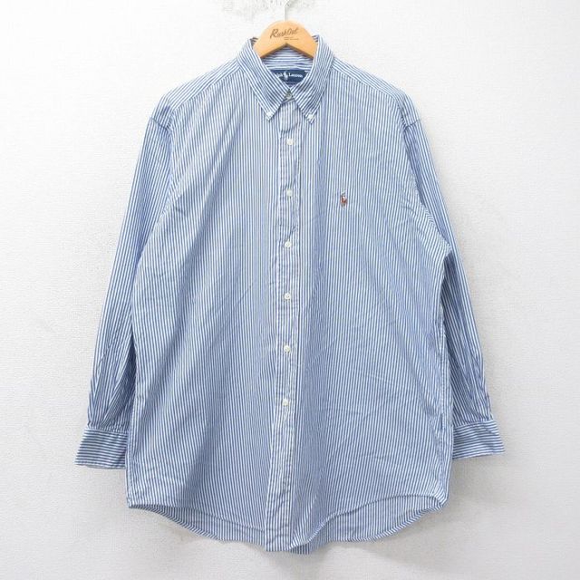 XL★古着 ラルフローレン Ralph Lauren 長袖 ブランド シャツ メンズ 90年代 90s YARMOUTH オックスフォード ワンポイントロゴ 大きいサイズ コットン ボタンダウン 薄紺他 ネイビー ストライプ 25mar19 中古 トップス