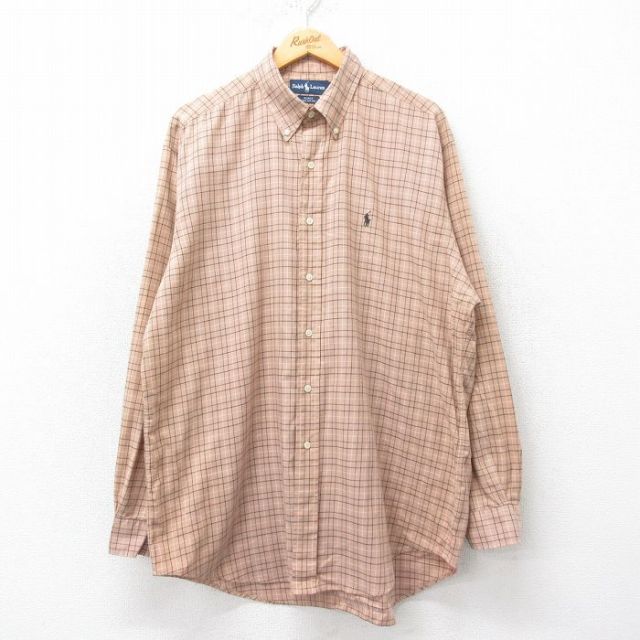 XL★古着 ラルフローレン Ralph Lauren 長袖 ブランド シャツ メンズ 90年代 90s BLAKE ワンポイントロゴ 大きいサイズ ロング丈 コットン ボタンダウン ベージュ他 カーキ チェック 25mar19 中古 トップス