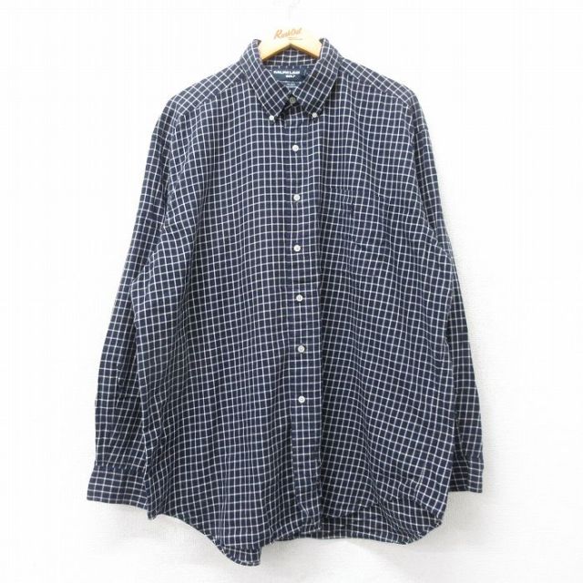 XL★古着 ラルフローレン Ralph Lauren ポロゴルフ 長袖 ブランド シャツ メンズ 90年代 90s TILDEN　ワンポイントロゴ 大きいサイズ ロング丈 コットン ボタンダウン 紺他 ネイビー チェック 25mar19 中古 トップス