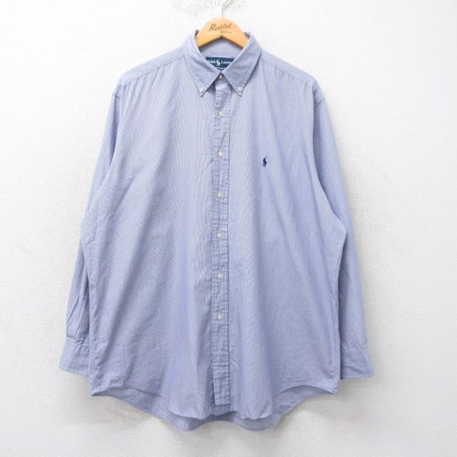 【20%OFF】XL★古着 ラルフローレン Ralph Lauren 長袖 ブランド シャツ メンズ 90年代 90s YARMOUTH ワンポイントロゴ 大きいサイズ コットン ボタンダウン 紺他 ネイビー ストライプ 25mar19 中古 トップス