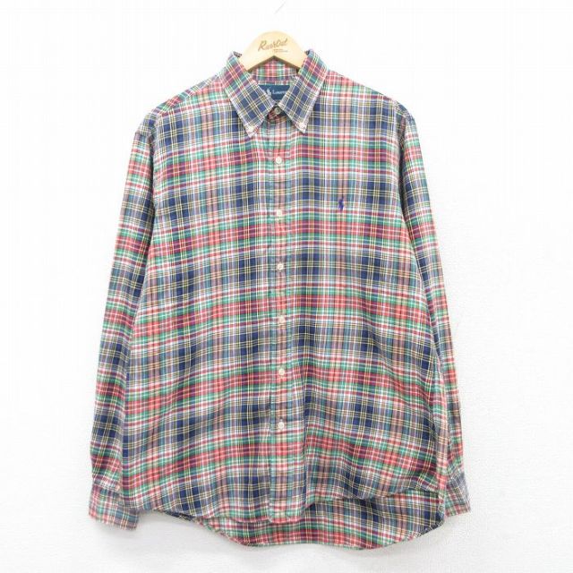 XL★古着 ラルフローレン Ralph Lauren 長袖 ブランド シャツ メンズ 90年代 90s ワンポイントロゴ コットン ボタンダウン 紺他 ネイビー チェック 25mar19 中古 トップス