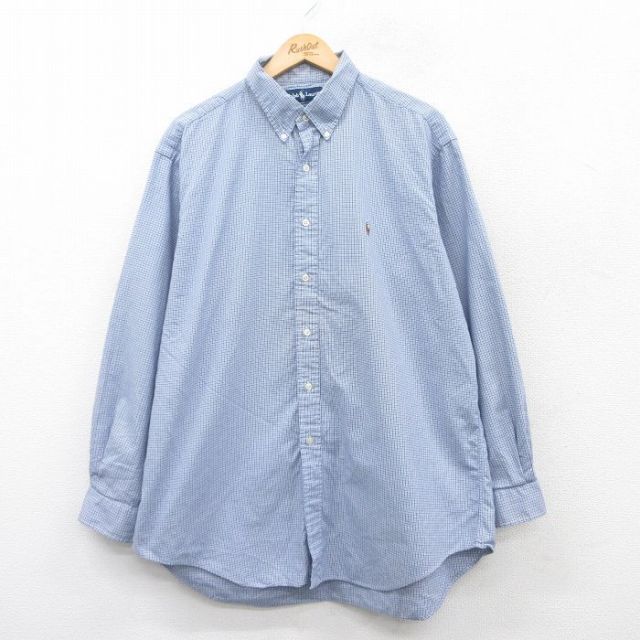 【50%OFF】XL★古着 ラルフローレン Ralph Lauren 長袖 ブランド シャツ メンズ 90年代 90s YARMOUTH オックスフォード ワンポイントロゴ 大きいサイズ ロング丈 コットン 紺他 ネイビー チェック 25mar19 中古 トップス