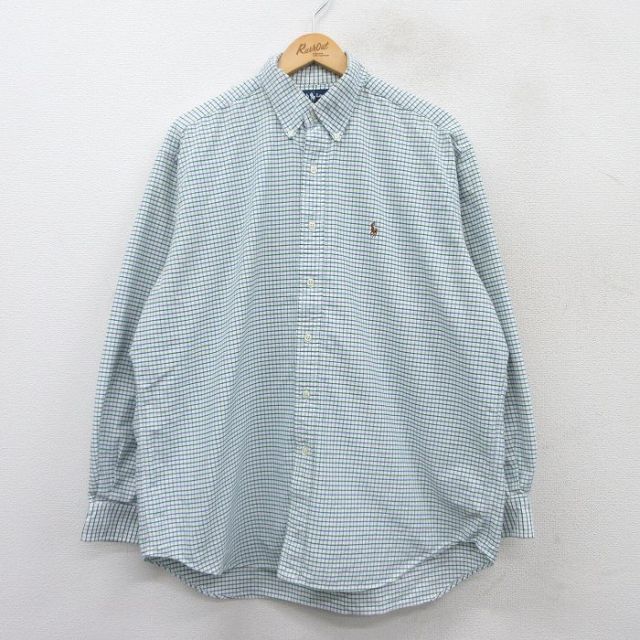 XL★古着 ラルフローレン Ralph Lauren 長袖 ブランド シャツ メンズ 90年代 90s BLAKE ワンポイントロゴ 大きいサイズ コットン ボタンダウン 白他 ホワイト チェック 25mar19 中古 トップス