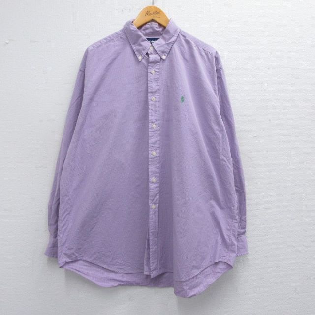 XL★古着 ラルフローレン Ralph Lauren 長袖 ブランド シャツ メンズ 90年代 90s TILDEN ワンポイントロゴ 大きいサイズ コットン ボタンダウン 紫他 パープル チェック 25mar21 中古 トップス