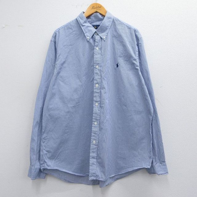 XL★古着 ラルフローレン Ralph Lauren 長袖 ブランド シャツ メンズ ワンポイントロゴ 大きいサイズ コットン ボタンダウン 青他 ブルー ストライプ 25mar21 中古 トップス