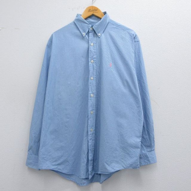 XL★古着 ラルフローレン Ralph Lauren 長袖 ブランド シャツ メンズ 90年代 90s YARMOUTH ワンポイントロゴ コットン ボタンダウン 水色他 チェック 25mar21 中古 トップス