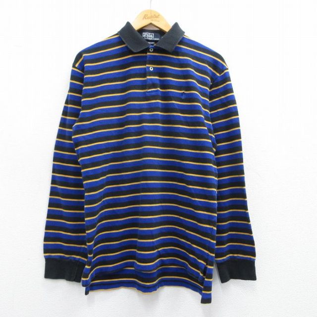 【50%OFF】L★古着 ラルフローレン Ralph Lauren 長袖 ブランド ポロ シャツ メンズ 90年代 90s ワンポイントロゴ 鹿の子 コットン 青他 ブルー ボーダー 25mar21 中古 トップス