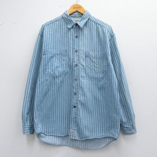 L★古着 リーバイス Levis 長袖 ブランド シャツ メンズ 00年代 00s コットン 薄紺 ネイビー デニム他 ストライプ 25mar21 中古 トップス
