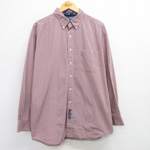 【50%OFF】XL★古着 トミーヒルフィガー TOMMY HILFIGER 長袖 ブランド シャツ メンズ 90年代 90s 大きいサイズ ロング丈 コットン ボタンダウン 赤他 レッド チェック 25mar21 中古 トップス