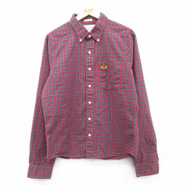 【50%OFF】L★古着 アバクロンビー Abercrombie&fitch 長袖 ブランド シャツ メンズ ワンポイントロゴ コットン ボタンダウン 赤他 レッド チェック 25mar21 中古 トップス