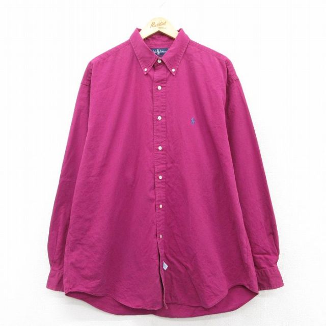 XL★古着 ラルフローレン Ralph Lauren 長袖 ブランド シャツ メンズ 90年代 90s ワンポイントロゴ 大きいサイズ ロング丈 コットン ボタンダウン 紫 パープル 25mar21 中古 トップス