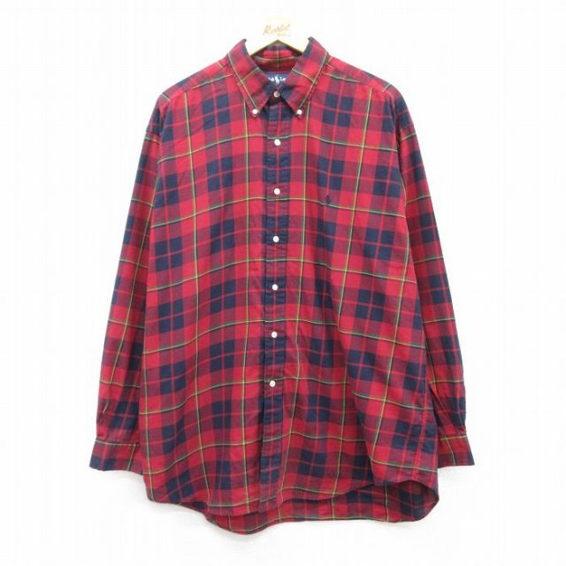 【50%OFF】XL★古着 ラルフローレン Ralph Lauren 長袖 ブランド シャツ メンズ 90年代 90s ワンポイントロゴ BLAKE 大きいサイズ ロング丈 コットン ボタンダウン 赤他 レッド チェック 【spe】 25mar21 中古 トップス