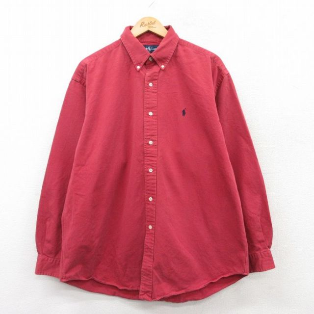 XL★古着 ラルフローレン Ralph Lauren 長袖 ブランド シャツ メンズ 90年代 90s ワンポイントロゴ BLAKE 大きいサイズ コットン ボタンダウン 赤 レッド 25mar21 中古 トップス