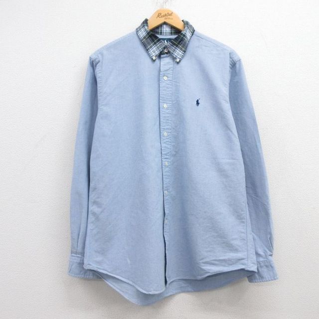 XL★古着 ラルフローレン Ralph Lauren 長袖 ブランド シャツ メンズ 90年代 90s ワンポイントロゴ オックスフォード コットン ボタンダウン 薄紺 ネイビー 25mar21 中古 トップス