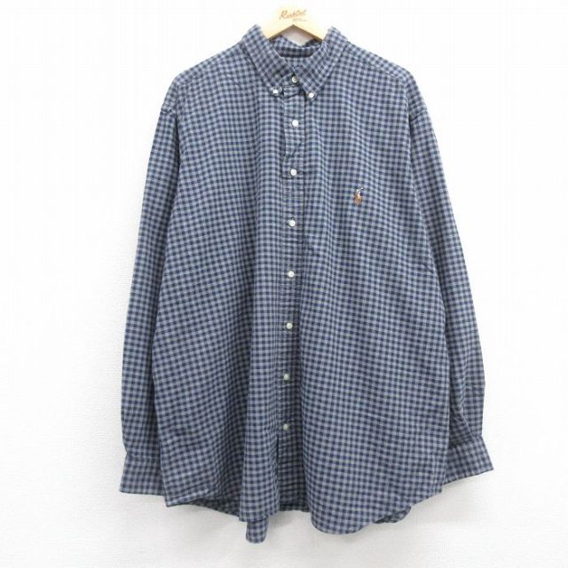 XL★古着 ラルフローレン Ralph Lauren 長袖 ブランド シャツ メンズ ワンポイントロゴ 大きいサイズ ロング丈 コットン ボタンダウン グレー他 ギンガム チェック 25mar21 中古 トップス