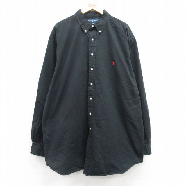 XL★古着 ラルフローレン Ralph Lauren 長袖 ブランド シャツ メンズ 90年代 90s ワンポイントロゴ 大きいサイズ ロング丈 コットン ボタンダウン 黒 ブラック 25mar21 中古 トップス