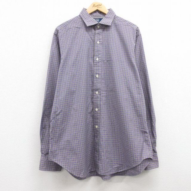 XL★古着 ラルフローレン Ralph Lauren 長袖 ブランド シャツ メンズ 90年代 90s ESTATE 大きいサイズ ロング丈 コットン 紫他 パープル チェック 25mar21 中古 トップス